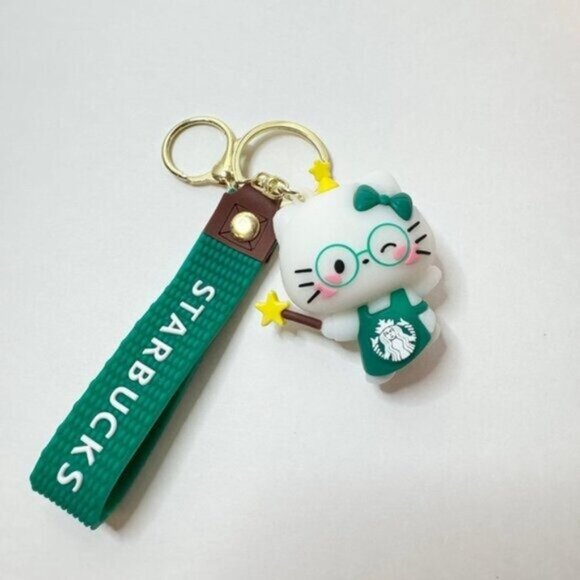 Starbucks Hello Kitty Barista Keychain Green Apron Sanrio Collab Strap Charm - Picture 2 of 6